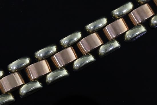 A stylish mid 20th century Hungarian 14ct two colour gold domed link bracelet, 19.5cm.